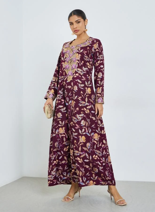 Amirah Maroon Floral Print Mukhawar Jalabiya