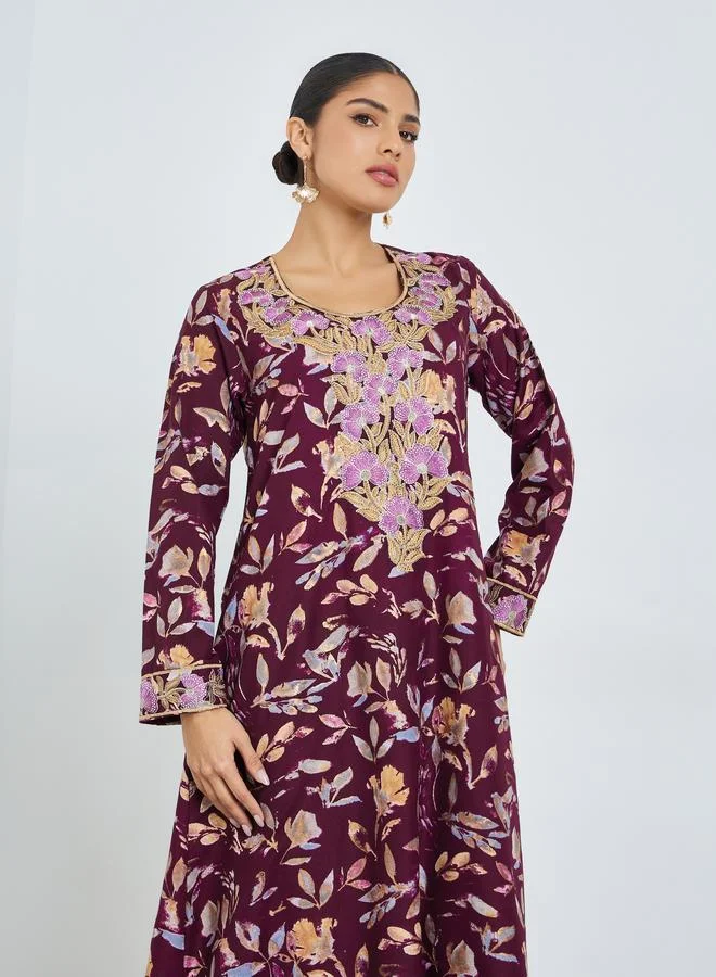 Amirah Maroon Floral Print Mukhawar Jalabiya