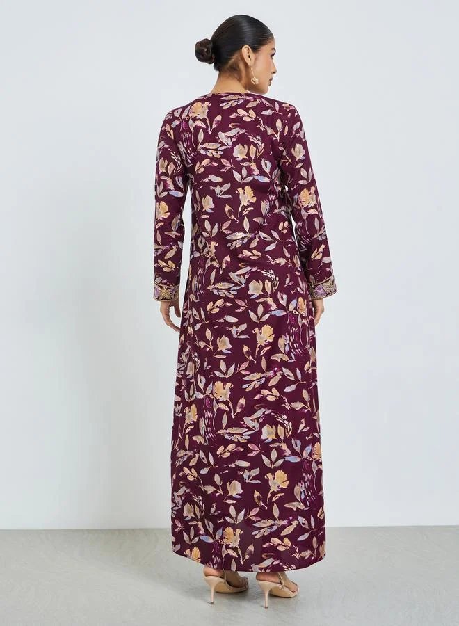 Amirah  Maroon Floral Print Mukhawar Jalabiya for Women | Best Price UAE