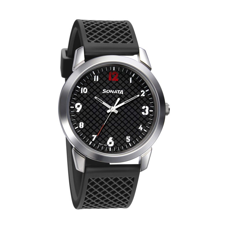 Sonata Watch for Men, Quartz Movement, Analog Display, Black Rubber Strap-NP77107SP02W