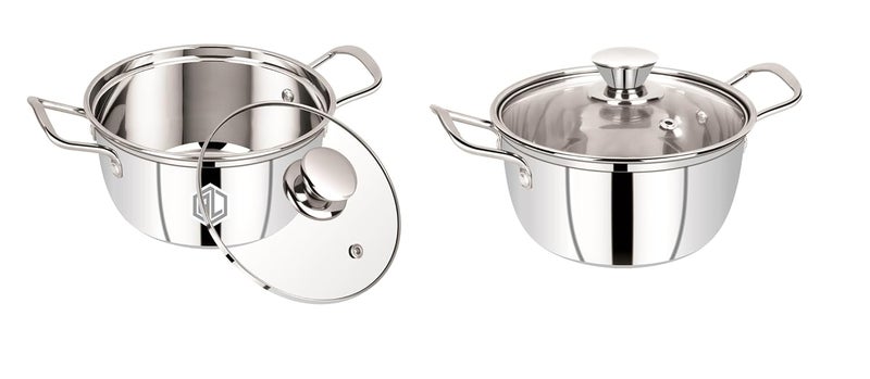 AL Anjali Life Time Multipurpose Combo Cooking and Serving Pot with Glass Lid, Stainless Steel Induction & Gas Compatible Mirror Finish, 16 & 18 CM (1.5 & 2 liters)  - Image 1