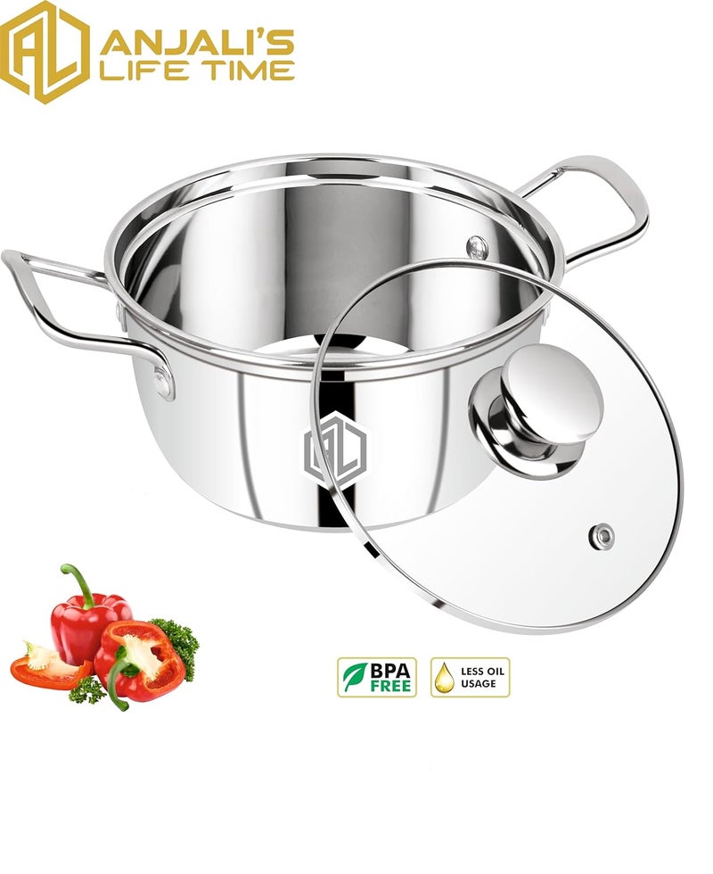 AL Anjali Life Time Multipurpose Combo Cooking and Serving Pot with Glass Lid, Stainless Steel Induction & Gas Compatible Mirror Finish, 16 & 18 CM (1.5 & 2 liters)  - Image 3