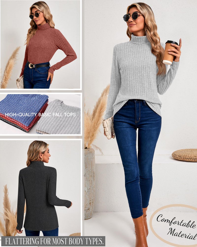 Ficerd 3 Pack Women's Turtleneck Sweater, Lightweight Long Sleeve Shirts Solid Color Tunic Tops Casual Slim Fitted Pullover (Black, Caramel, Light Gray,X-Large) - Image 4