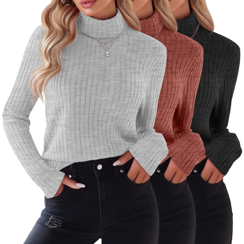 Ficerd 3 Pack Women's Turtleneck Sweater, Lightweight Long Sleeve Shirts Solid Color Tunic Tops Casual Slim Fitted Pullover (Black, Caramel, Light Gray,X-Large) - Image 1
