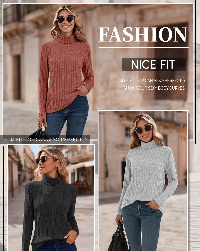 Ficerd 3 Pack Women's Turtleneck Sweater, Lightweight Long Sleeve Shirts Solid Color Tunic Tops Casual Slim Fitted Pullover (Black, Caramel, Light Gray,X-Large) - Image 3