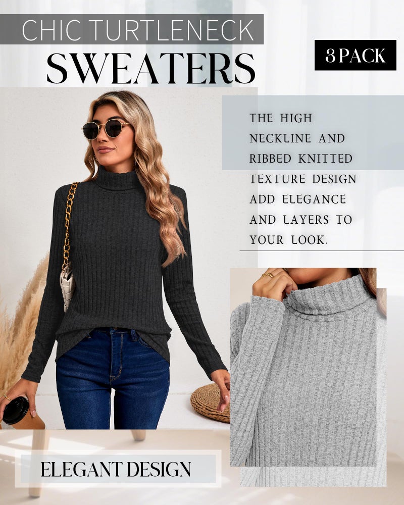 Ficerd 3 Pack Women's Turtleneck Sweater, Lightweight Long Sleeve Shirts Solid Color Tunic Tops Casual Slim Fitted Pullover (Black, Caramel, Light Gray,X-Large) - Image 5