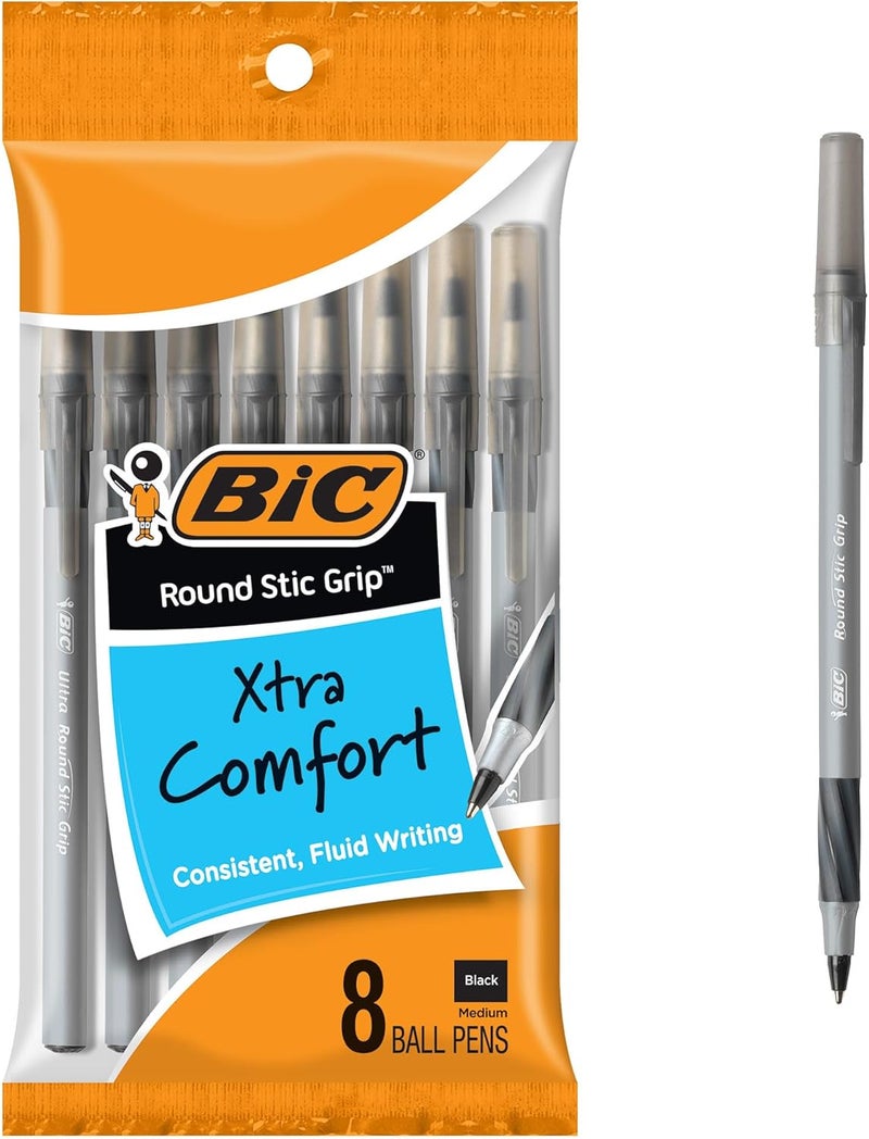 بيك أقلام حبر جاف Round Stic Grip Xtra Comfort سوداء، رأس متوسط (1.2 مم)، عبوة 8 قطع، أقلام كتابة مثالية بمقبض ناعم لراحة وتحكم فائقين - Image 1