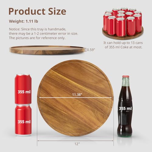CMLKLZD 12 Inch Acacia Wood Round Tray Wooden Decorative Serving Coffee Table Tray Centerpiece Candle Holder for Farmhouse Kitchen Dining Room Home Decor Coffee Table Decor and Accessories - Image 3