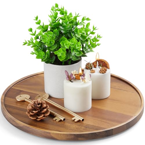 CMLKLZD 12 Inch Acacia Wood Round Tray Wooden Decorative Serving Coffee Table Tray Centerpiece Candle Holder for Farmhouse Kitchen Dining Room Home Decor Coffee Table Decor and Accessories - Image 1