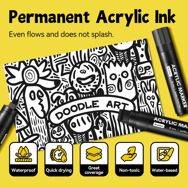 SRUOLOC 3 Jumbo Permanent Markers Black, 15mm Thick Wide Tip, Large Acrylic Paint Markers for Rock Painting, Poster, Stone, Ceramic, Glass, Wood, Canvas - Image 3