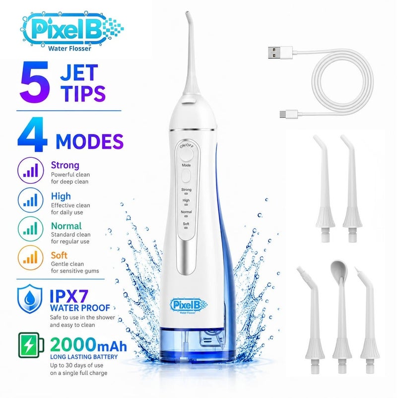 Pixel B Water Flosser Oral Irrigator Portable, Cordless, 5 Jet Tips, 300ml Tank, 4 Modes, USB Rechargeable, IPX7 Waterproof Model C260 & Pixel B Professional Teeth Whitening Kit, Fast Whitening Strips, Enamel Safe, Peroxide Free, 42 Strips (21 Treatments) Bundle Offer - Image 2