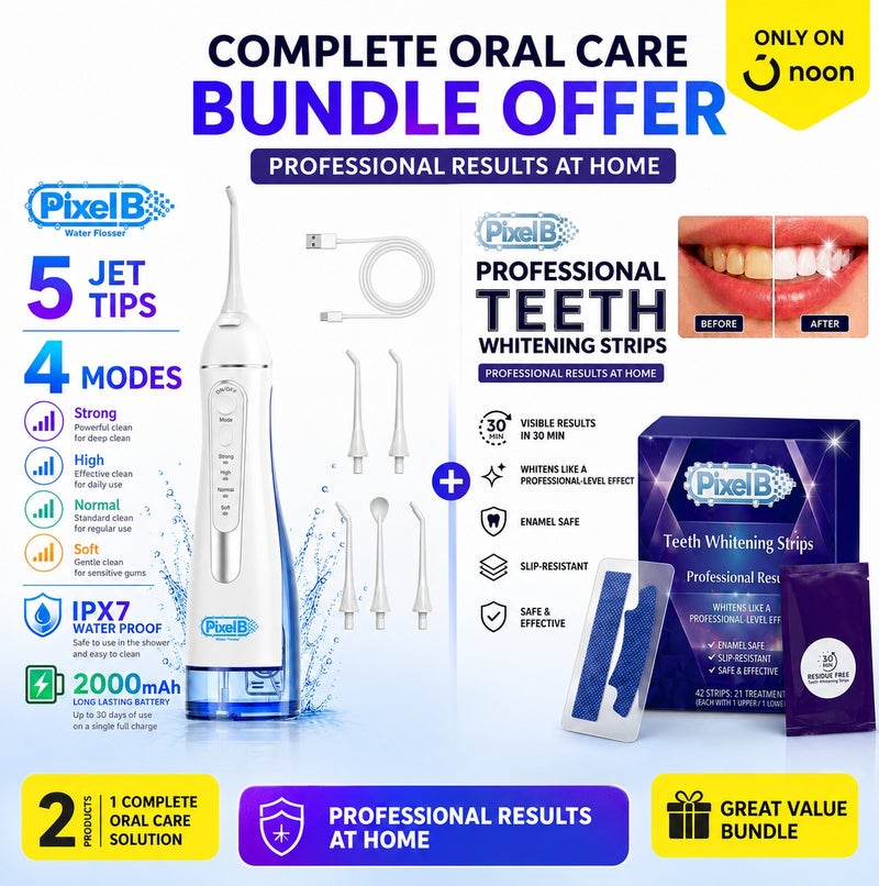 Pixel B Water Flosser Oral Irrigator Portable, Cordless, 5 Jet Tips, 300ml Tank, 4 Modes, USB Rechargeable, IPX7 Waterproof Model C260 & Pixel B Professional Teeth Whitening Kit, Fast Whitening Strips, Enamel Safe, Peroxide Free, 42 Strips (21 Treatments) Bundle Offer - Image 1