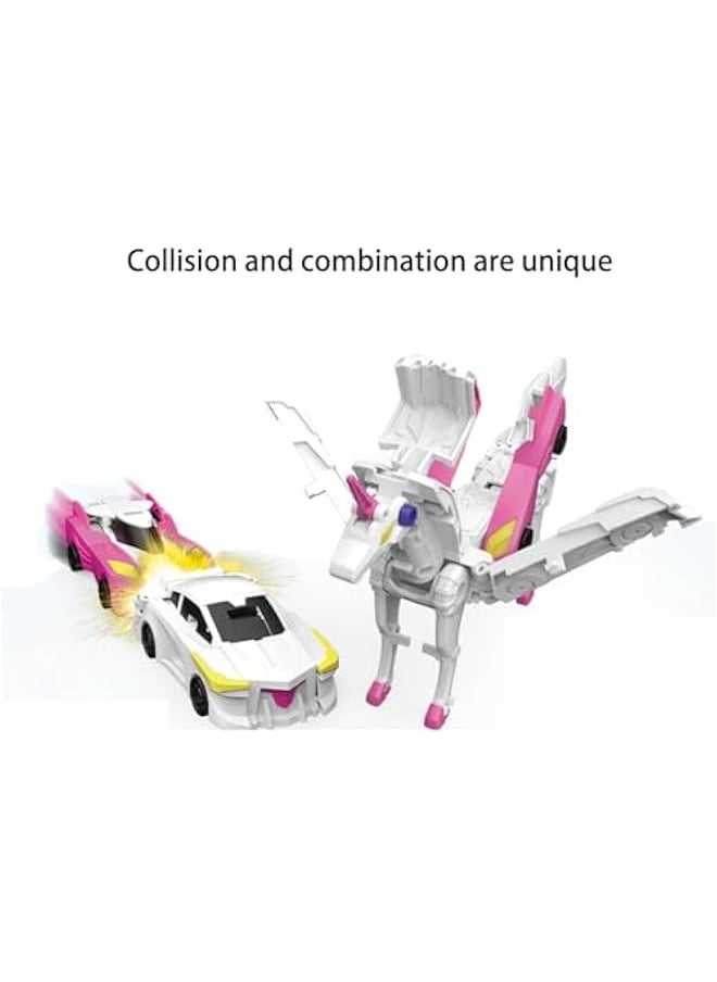 Transforming Unicorn Car Toy, Two Car Transform Unicorn, Racing Car Set, Collision to Magical Unicorns, Automatic Deformation of Magnetic Connections, for Transformer Toys Boys and Girls (Pink)