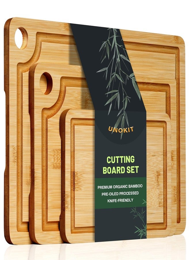 Unokit 3PCS Bamboo Cutting Boards Set - Large Natural Wooden Cutting Boards with Juice Groove & Built-in Handles，Ideal Charcuterie & Chopping for Meat, Vegetables, Dishwasher Safe - Image 1