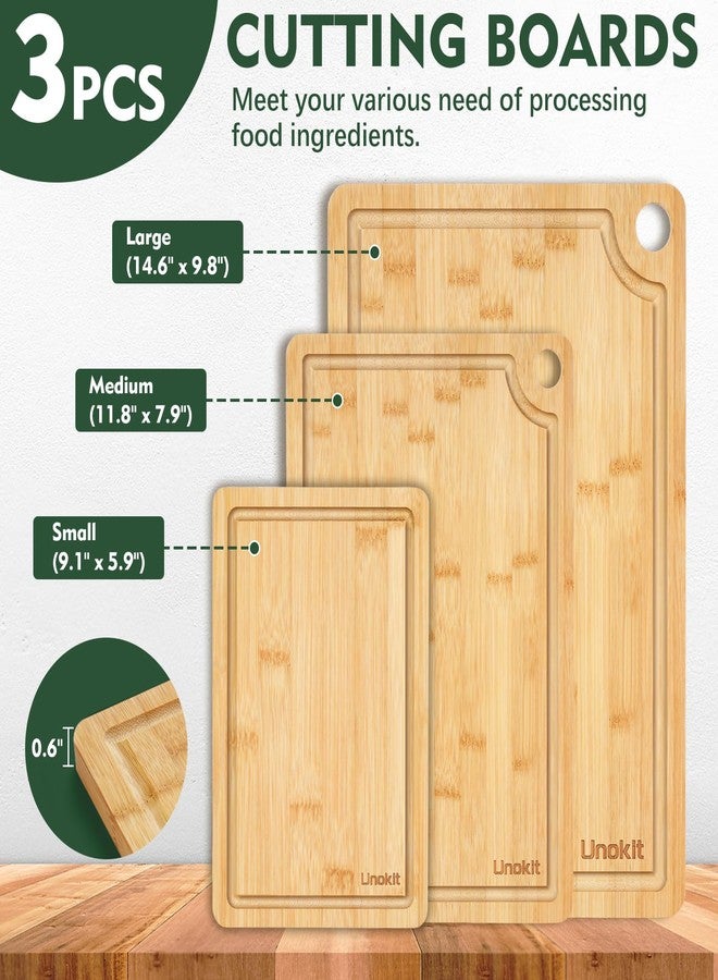 Unokit 3PCS Bamboo Cutting Boards Set - Large Natural Wooden Cutting Boards with Juice Groove & Built-in Handles，Ideal Charcuterie & Chopping for Meat, Vegetables, Dishwasher Safe - Image 2