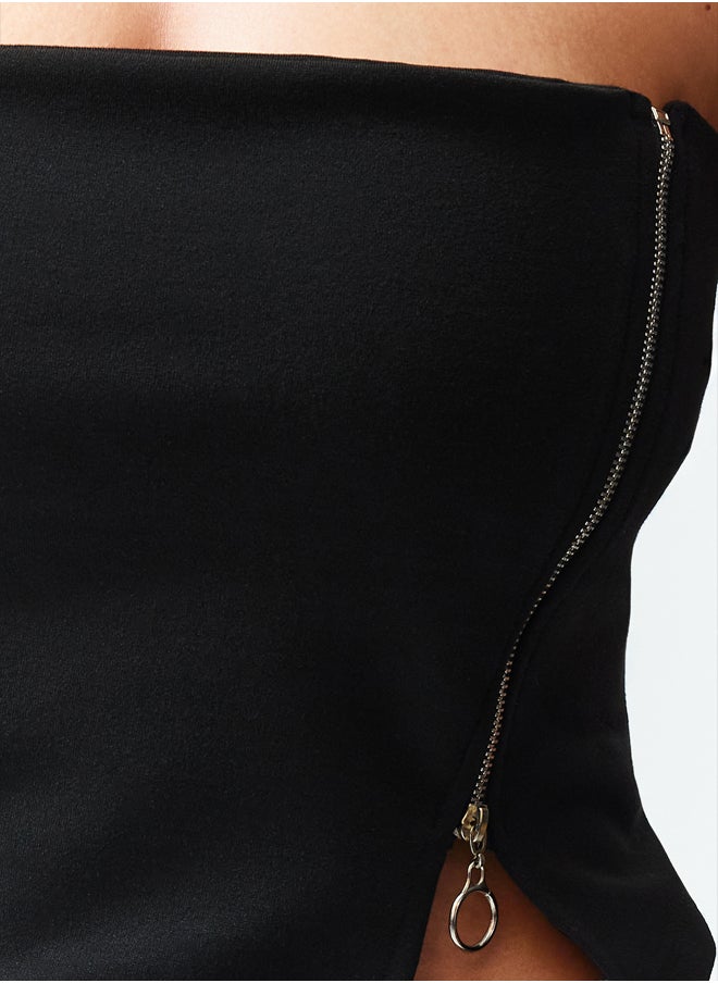 trendyol - Black Zippered Asymmetrical Strapless Crop Knitted Blouse TWOSS24BZ00071 - Image 1