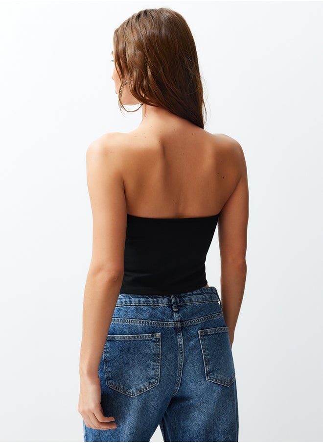 trendyol - Black Zippered Asymmetrical Strapless Crop Knitted Blouse TWOSS24BZ00071 - Image 1