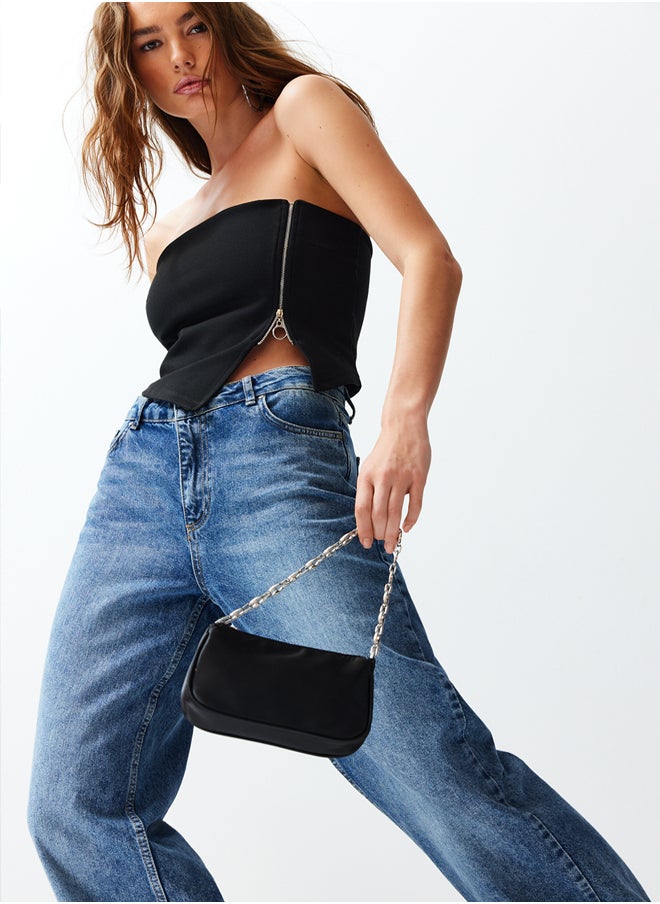 trendyol - Black Zippered Asymmetrical Strapless Crop Knitted Blouse TWOSS24BZ00071 - Image 1