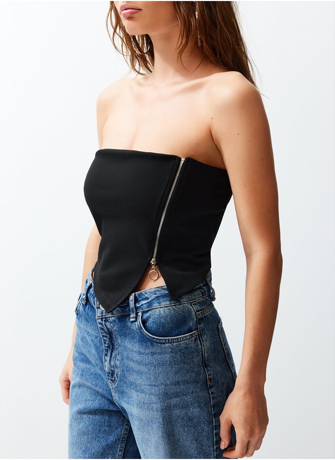 trendyol - Black Zippered Asymmetrical Strapless Crop Knitted Blouse TWOSS24BZ00071 - Image 1