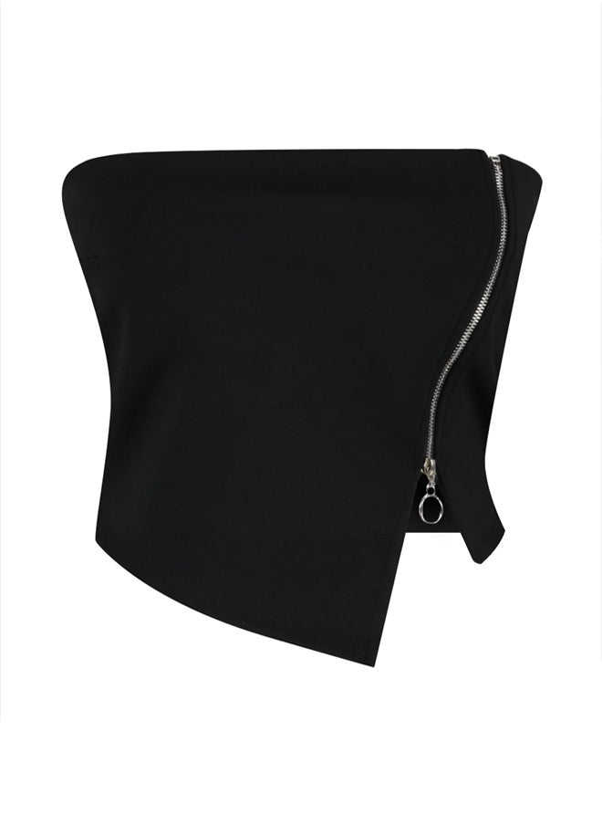 trendyol - Black Zippered Asymmetrical Strapless Crop Knitted Blouse TWOSS24BZ00071 - Image 1