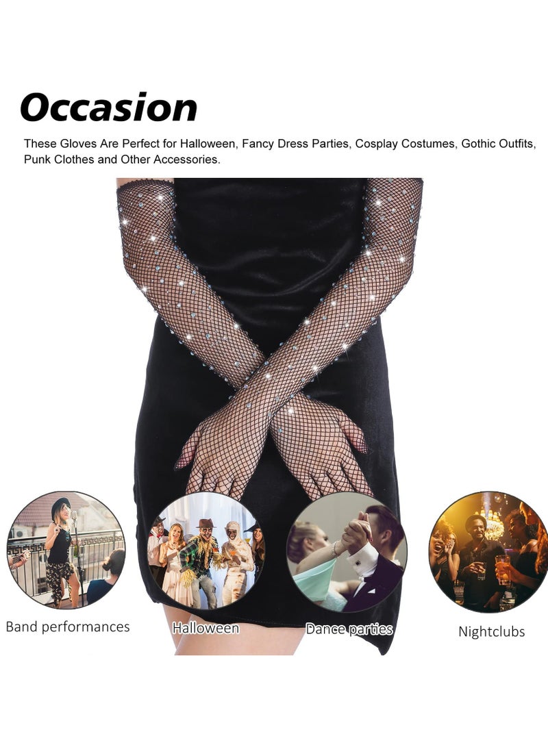 KASTWAVE Black Fishnet Long Gloves, Women Girls 1920s Retro Five Finger Arm Sleeves with Rhinestone Clothing Accessory for Prom Party - Image 2
