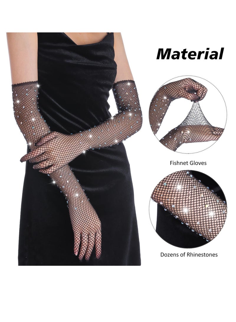 KASTWAVE Black Fishnet Long Gloves, Women Girls 1920s Retro Five Finger Arm Sleeves with Rhinestone Clothing Accessory for Prom Party - Image 3