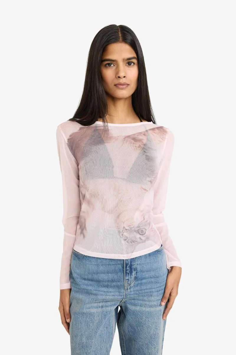 DeFacto Fitted Boat Neck Printed Tulle Long Sleeve T-Shirt