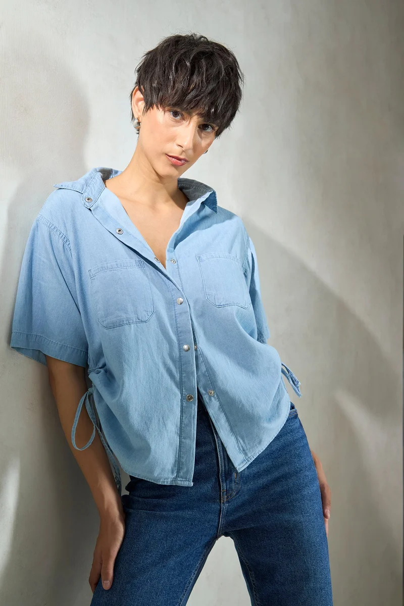 فيرجيو Solid Cotton Denim Drawstring Shirt for Women
