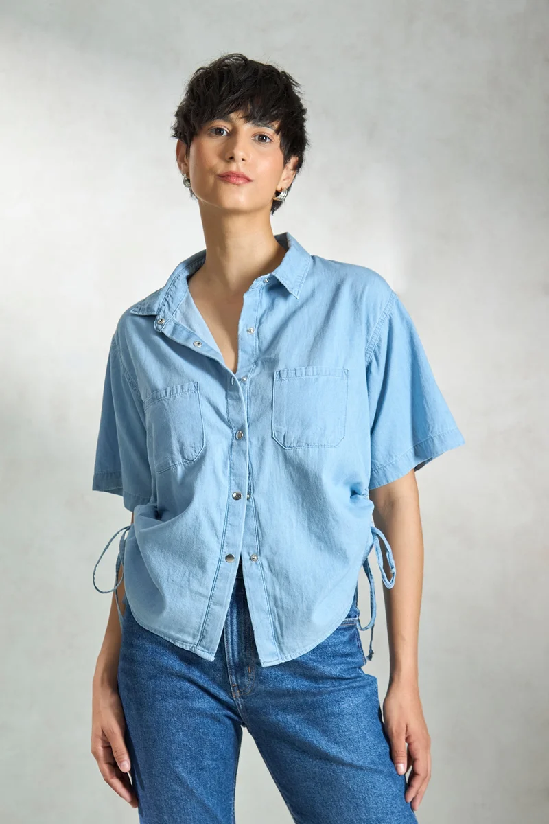 فيرجيو Solid Cotton Denim Drawstring Shirt for Women