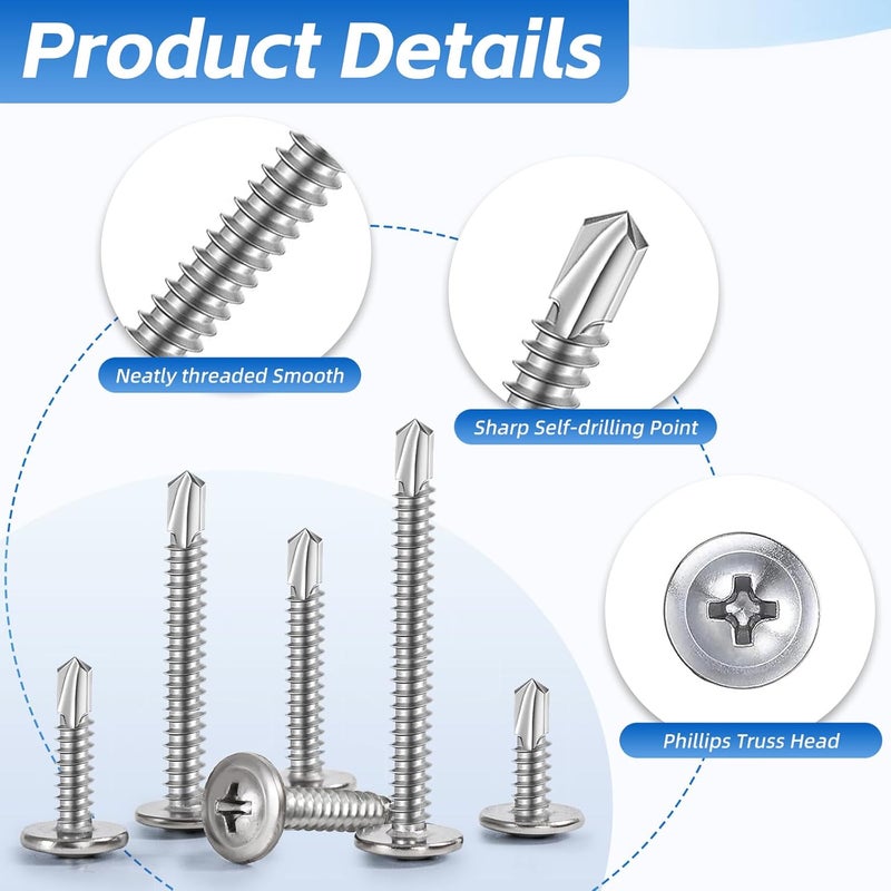 WEIDLUDOR 200PCS Sheet Metal Self-Drilling Screws Assortment Kit - #8 Truss Head Stainless Steel Self-Tapping Screws, 6 Sizes (1/2" to 1-1/2") for Sheet Metal, Auto & Roofing - Image 3