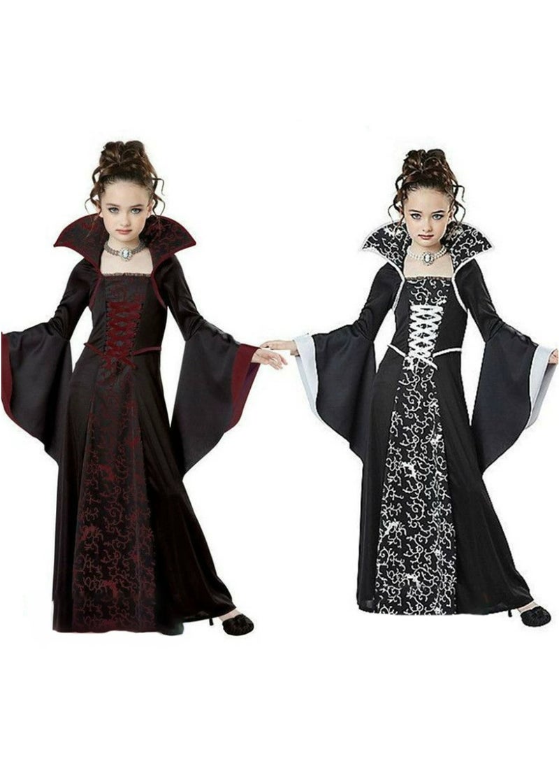 general Halloween children's costume - witch outfit - medieval retro tie-front round-neck flared sleeve printed long dress - Image 2