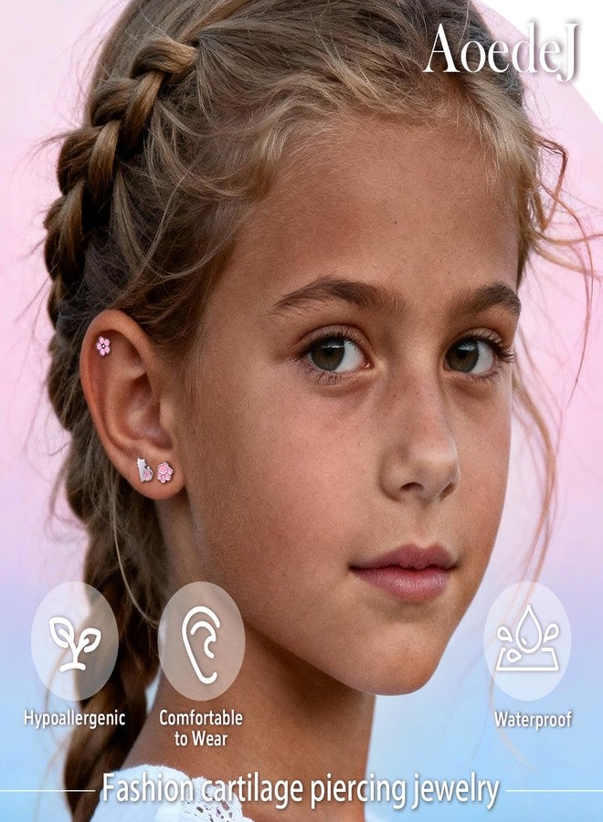 أويدج أقراط AOEDEJ 18G قابلة للعكس ذات ظهر مسطح للغضروف، بتصميم قطة لطيفة، مصنوعة من الفولاذ الجراحي المضاد للحساسية، مناسبة لثقب الحلزون، والزنمة، والصدفة، مع خيط داخلي ممتد وظهر مسطح. - Image 2