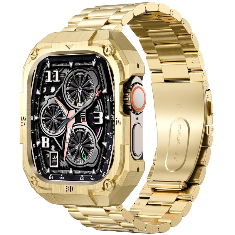 PanPinnacle Casual Stainless Steel Case with Band Compatiable for 49mm Apple Watch Ultra Bands for Men,Metal Apple Watch Bumper Case Cover with Strap for iWatch Band Ultra 3/2/1,Gold - Image 1