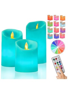 Teal Candles, LED Flameless Candles, Pillar Teal Flickering Flameless Candles, Candles with Remote&Timer Control  in Height 4''5''6'',  Real Wax Candles Warm Color Flickering Light for Decor (3PCS)