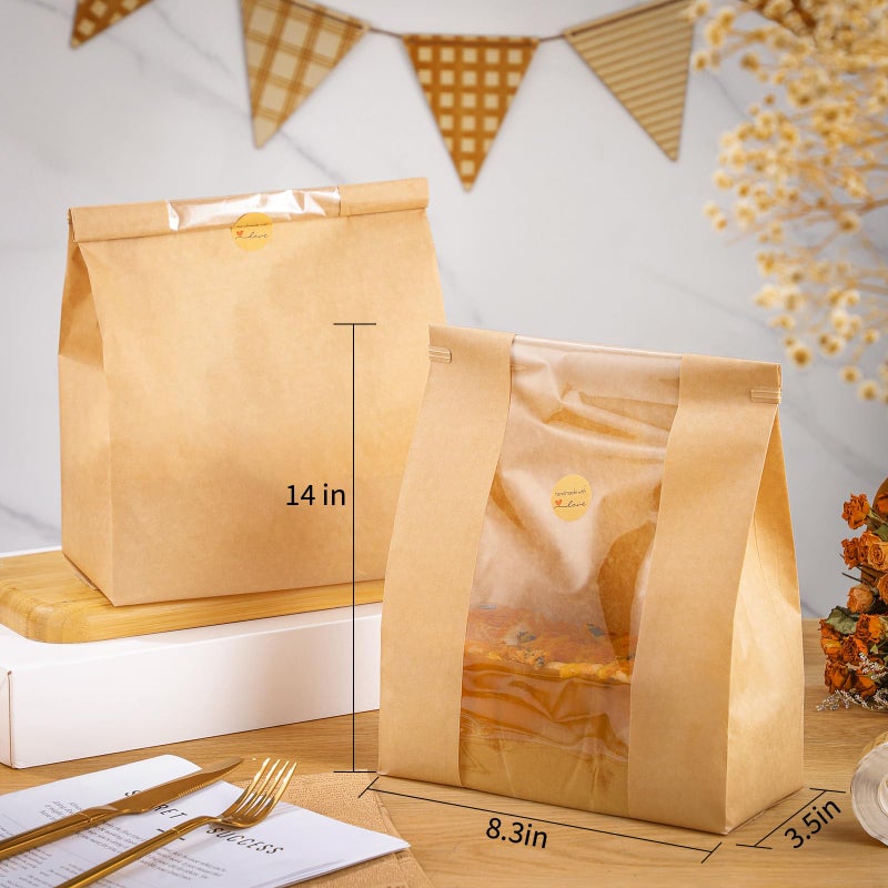 woric 120 Bread Bags for Homemade Bread, Sourdough Bread Bag with Window 14" X 8.3" X 3.5" Large Paper Bakery Bags with Tin Tie Tab Lock Stickers for Food Cookies Packaging Storage - Image 3
