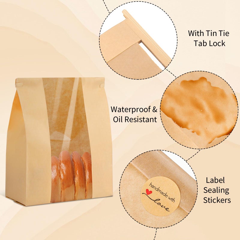 woric 120 Bread Bags for Homemade Bread, Sourdough Bread Bag with Window 14" X 8.3" X 3.5" Large Paper Bakery Bags with Tin Tie Tab Lock Stickers for Food Cookies Packaging Storage - Image 2