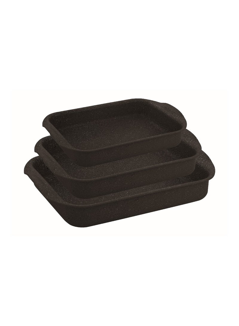 OZO 3 Pcs Black Granite Rectangular Baking Trays, Oven Safe Trey, 31,33,35 Cm , 4 Layer Coating and Extra Thickened Non-stick