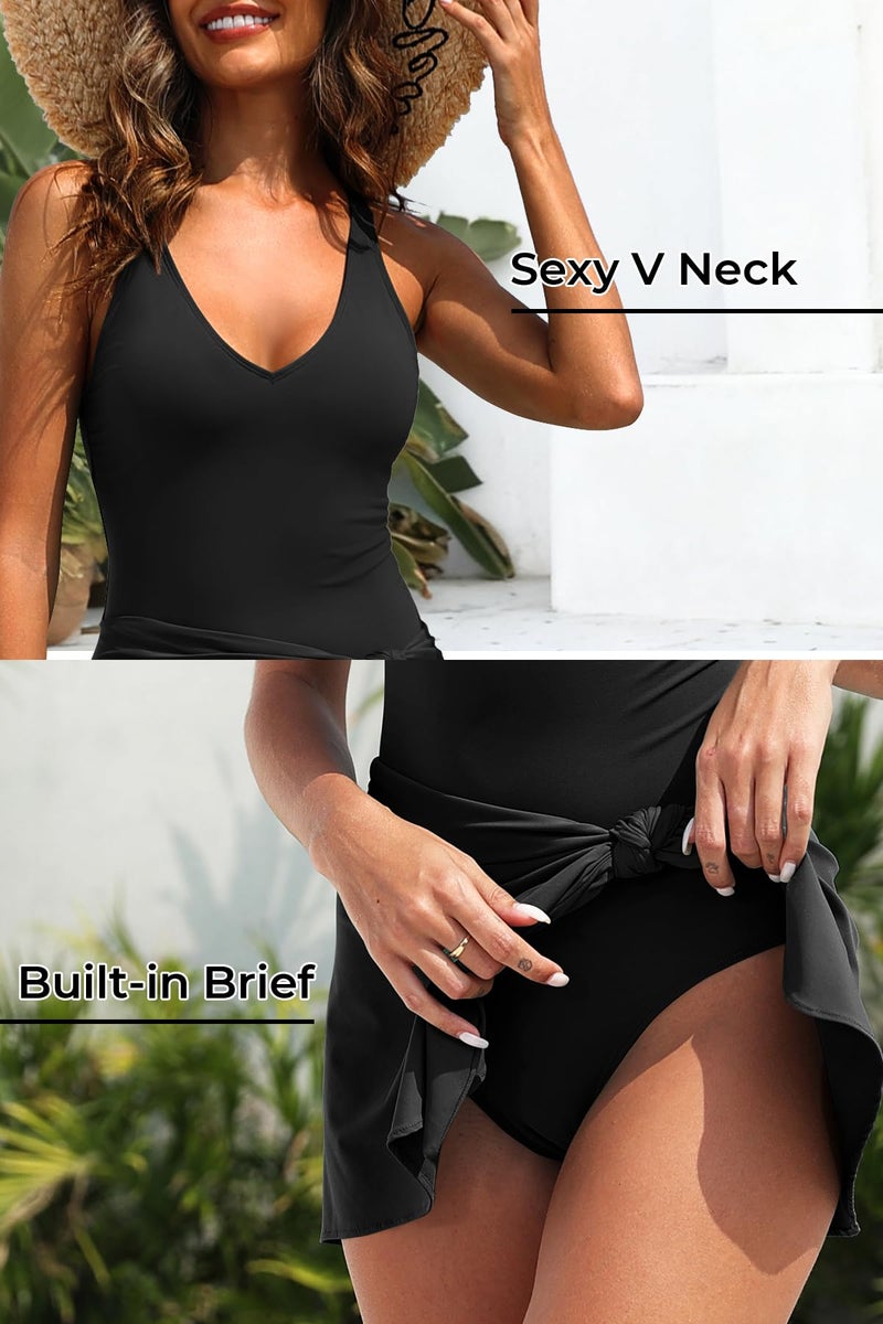 Tempt Me Women Black One Piece Swim Dress 2025 Tummy Control Swimsuit with Skirt Wrap Tie Side Swimdress Bathing Suit M - Image 5