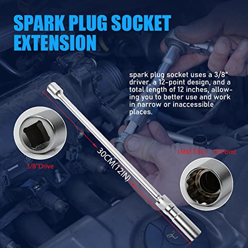 CMTOOL 16mm Spark Plug Socket, Magnetic 16 mm Thin Wall Spark Plug Socket Set, Enhanced Magnetic Design, 3/8 Inch Drive, 12 Inch Total Length, 360 Degree Swivel, 12 Point - Image 3