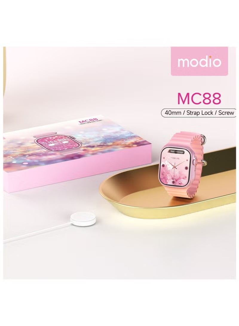 modio MC88 Ultra Mini Smartwatch – 36mm Compact Touch Display, Wireless Charging, Strap Lock, Screw Model Build, Bluetooth Calling, Fitness Tracker, Lightweight Pink Design for Women & Teens - Image 2