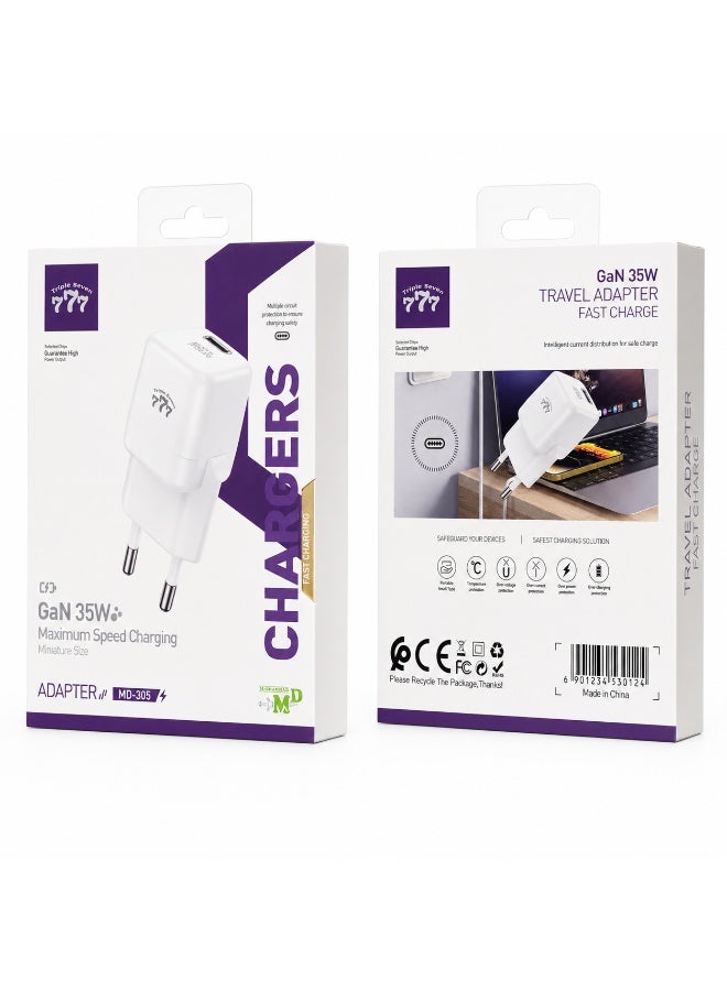 777 Triple Seven 777 MD-305 GaN 35W Fast Wall Charger, Miniature Travel Adapter with PD Type-C Port, Smart Protection - White - Image 3