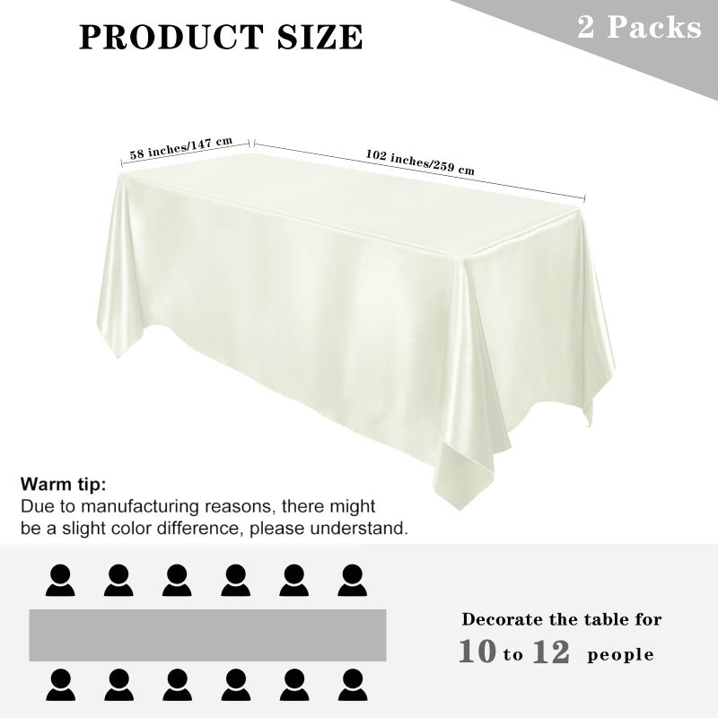 MCEAST 2 Packs Satin Tablecloth 102 x 58 Inches Rectangular Table Overlay Cover Bright Silk Tablecloth Smooth Fabric Table Decor for Wedding Banquet Decoration (Ivory) - Image 2