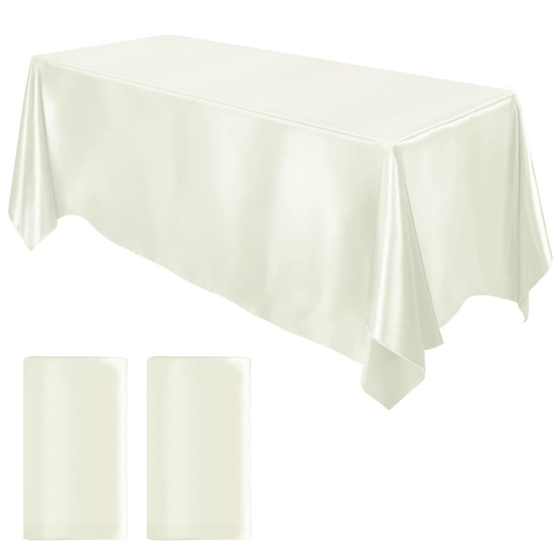 MCEAST 2 Packs Satin Tablecloth 102 x 58 Inches Rectangular Table Overlay Cover Bright Silk Tablecloth Smooth Fabric Table Decor for Wedding Banquet Decoration (Ivory) - Image 1