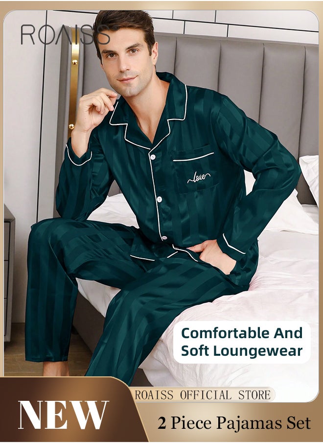 roaiss - 2 PCS Comfy Satin Pajama Set for Men Long Sleeve Button Style Loose Fit Loungewear Mens Comfortable and Soft Two Piece Sets Sleepwear Involves Top and Pants in Striped Embroidery Pattern - Image 1