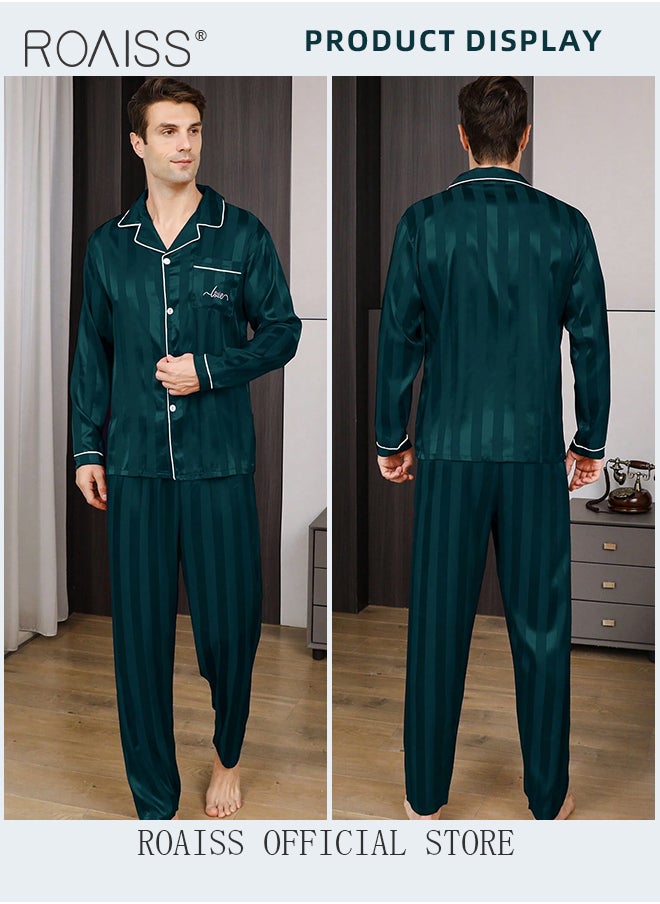 roaiss - 2 PCS Comfy Satin Pajama Set for Men Long Sleeve Button Style Loose Fit Loungewear Mens Comfortable and Soft Two Piece Sets Sleepwear Involves Top and Pants in Striped Embroidery Pattern - Image 1