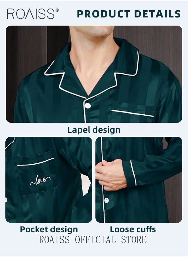 roaiss - 2 PCS Comfy Satin Pajama Set for Men Long Sleeve Button Style Loose Fit Loungewear Mens Comfortable and Soft Two Piece Sets Sleepwear Involves Top and Pants in Striped Embroidery Pattern - Image 1