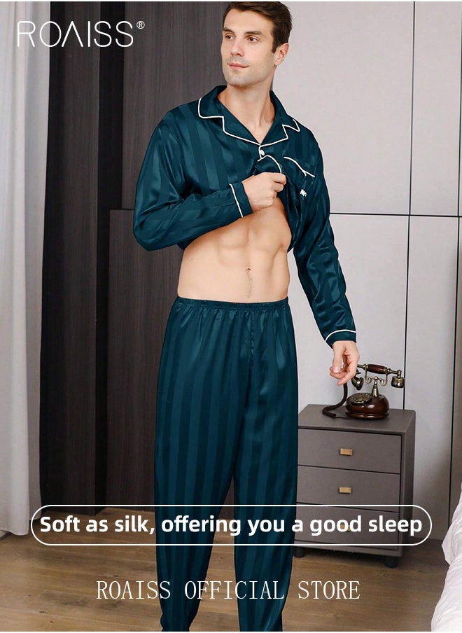 roaiss - 2 PCS Comfy Satin Pajama Set for Men Long Sleeve Button Style Loose Fit Loungewear Mens Comfortable and Soft Two Piece Sets Sleepwear Involves Top and Pants in Striped Embroidery Pattern - Image 1