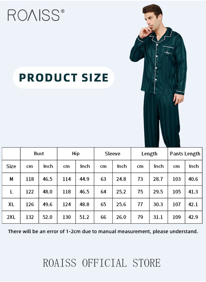 roaiss - 2 PCS Comfy Satin Pajama Set for Men Long Sleeve Button Style Loose Fit Loungewear Mens Comfortable and Soft Two Piece Sets Sleepwear Involves Top and Pants in Striped Embroidery Pattern - Image 1