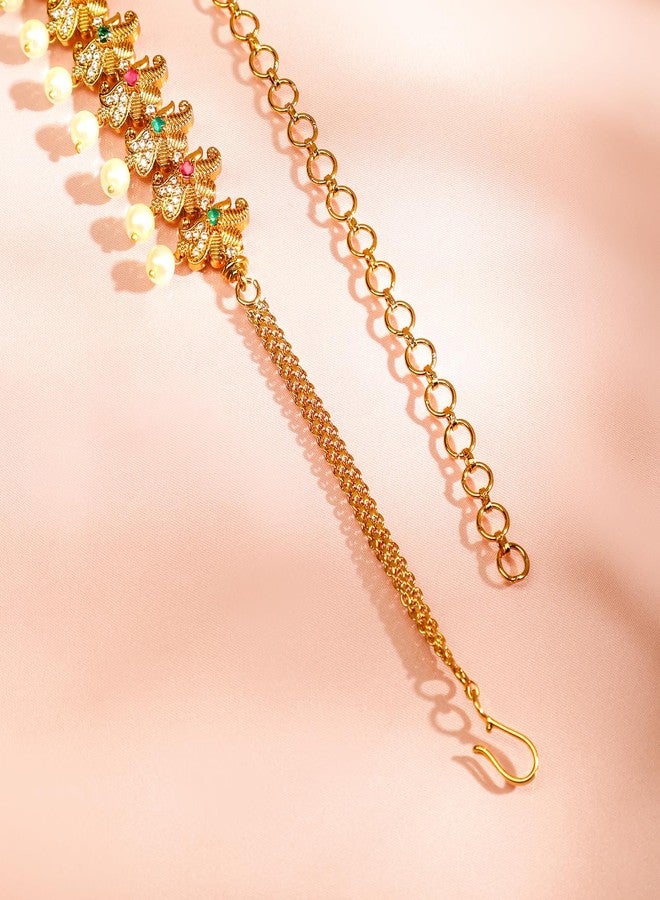 Rubans 22K Gold-Plated Ruby Pink Emerald Green & White Cubic Zirconia Studded Pearl Hanging Layered Floral Traditional Kamarbandh for Women & Girls – Perfect for Bridal & Festive Looks - Image 5