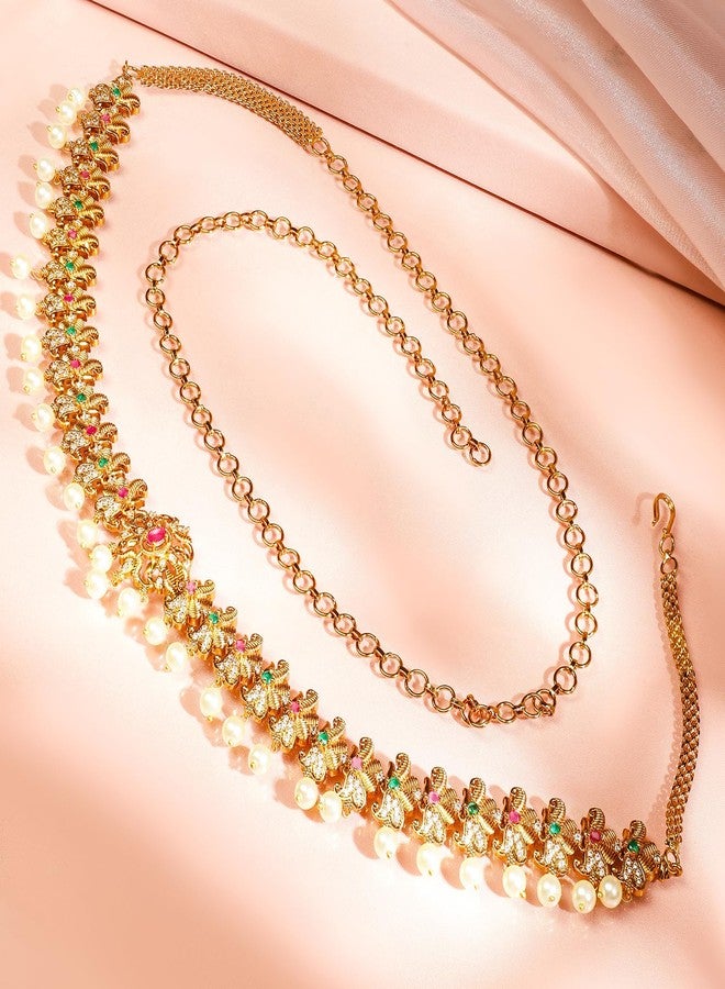 Rubans 22K Gold-Plated Ruby Pink Emerald Green & White Cubic Zirconia Studded Pearl Hanging Layered Floral Traditional Kamarbandh for Women & Girls – Perfect for Bridal & Festive Looks - Image 3